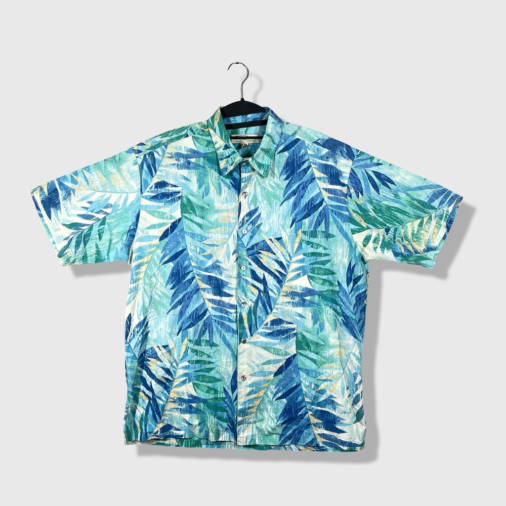 Tori Richard Button Up Shirt Mens L Cotton Lawn Blue Tropical Beachy Hawaiian